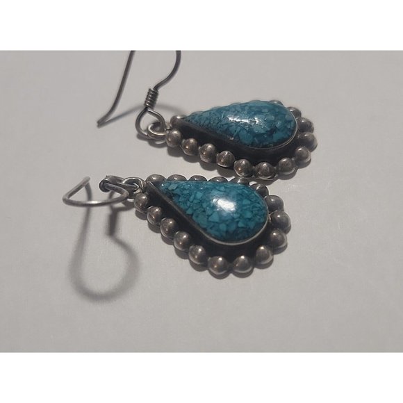 Sterling Silver Mexican 925 Turquoise Chip Earrings Teardrop Mex M2-19 Signed - Picture 3 of 8